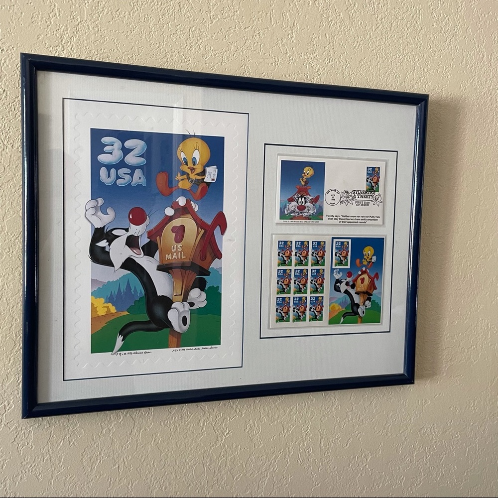 AMBASSADOR OF STAMPS COLLECTING TWEETY SYLVESTER LITHO ART PRINT PICTURE 1998